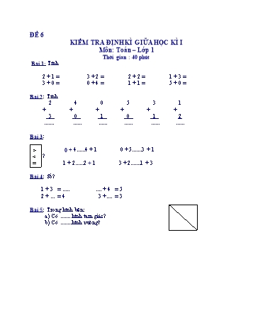 Kiểm tra định kì giữa học kì 1 Toán Lớp 1 - Đề 6