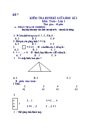 Kiểm tra định kì giữa học kì 1 Toán Lớp 1 - Đề 7
