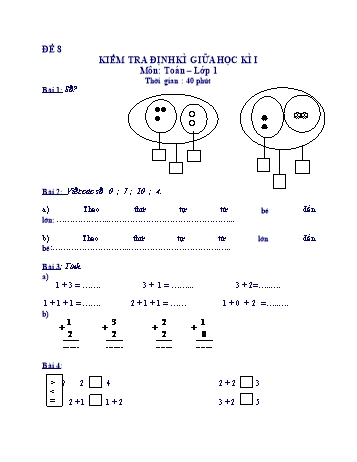 Kiểm tra định kì giữa học kì 1 Toán Lớp 1 - Đề 8