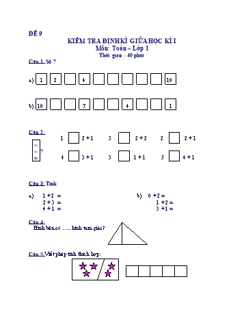 Kiểm tra định kì giữa học kì 1 Toán Lớp 1 - Đề 9