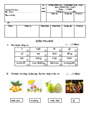 Kiểm tra định kỳ học kì 1 Tiếng Việt Lớp 1 (Sách Chân trời sáng tạo) - Năm học 2022-2023 (Có đáp án)