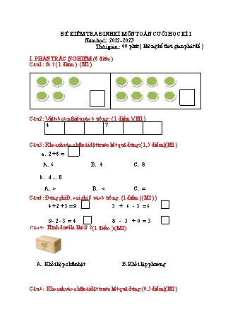 Đề kiểm tra định kì cuối học kì 1 Toán Lớp 1 - Năm học 2022-2023 (Có đáp án)
