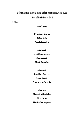 Đề thi học kì 1 Tiếng Việt Khối 1 Sách Kết nối tri thức - Đề 2 - Năm học 2021-2022 (Có đáp án)