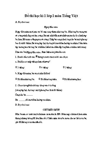 Đề thi học kì 1 Tiếng Việt Lớp 1 Sách Chân trời sáng tạo (Có đáp án)