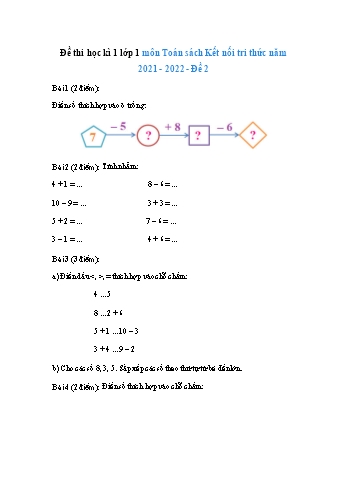 Đề thi học kì 1 Toán Lớp 1 Sách Kết nối tri thức - Đề 2 - Năm học 2021-2022 (Có đáp án)