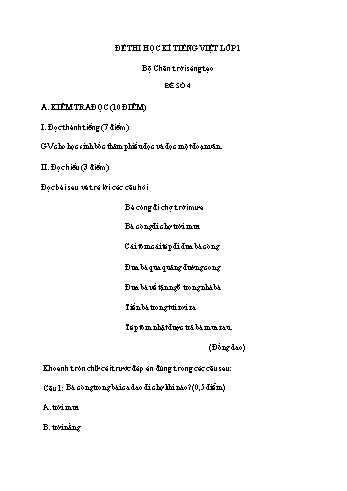 Đề thi học kì 2 Tiếng Việt Lớp 1 Sách Chân trời sáng tạo - Đề 4 (Có đáp án)