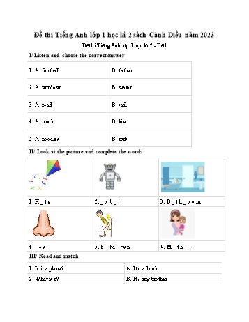 4 Đề thi học kì 2 Tiếng Anh Lớp 1 (Sách Cánh diều) - Năm học 2023-2024 (Có đáp án)