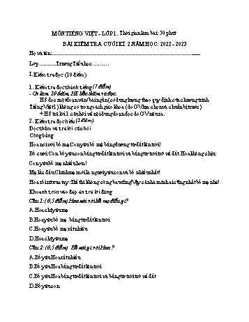 Bài kiểm tra cuối kì 2 Tiếng Việt Lớp 1 (Sách kết nối tri thức) - Đề 2 - Năm học 2022-2023