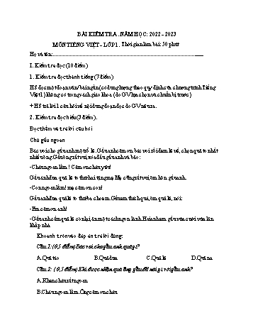 Bài kiểm tra cuối kì 2 Tiếng Việt Lớp 1 (Sách kết nối tri thức) - Đề 4 - Năm học 2022-2023