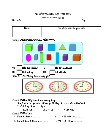 Bài kiểm tra Toán Lớp 1 - Đề 11 - Năm học 2022-2023