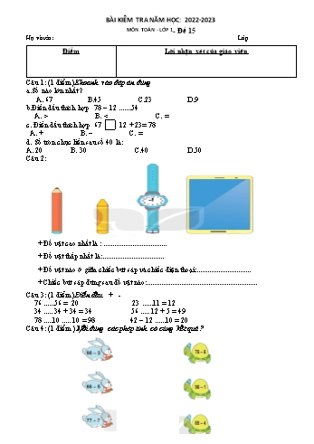 Bài kiểm tra Toán Lớp 1 - Đề 15 - Năm học 2022-2023