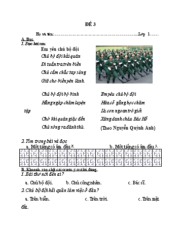 Đề ôn tập cuối năm Tiếng Việt Lớp 1 (Sách Chân trời sáng tạo) - Đề 3