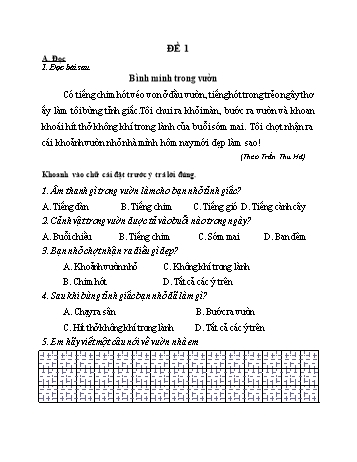 Đề ôn tập cuối năm Tiếng Việt Lớp 1 (Sách Chân trời sáng tạo) - Đề 1