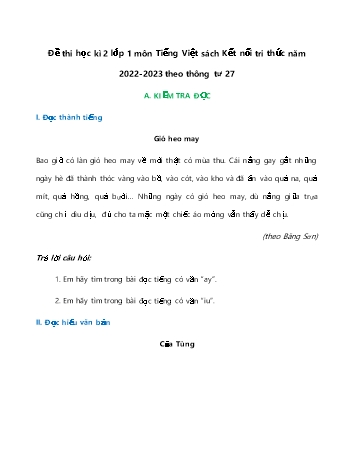 Đề thi học kì 2 Tiếng Việt Lớp 1 theo thông tư 27 Sách Kết nối tri thức - Đề 1 - Năm học 2022-2023