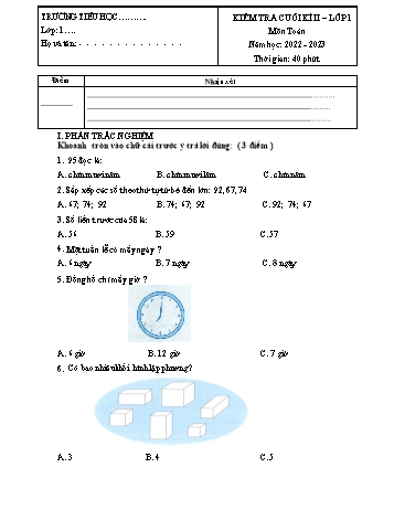 Kiểm tra cuối kì 2 Toán Lớp 1 (Sách Chân trời sáng tạo) - Năm học 2022-2023 (Có hướng dẫn chấm)