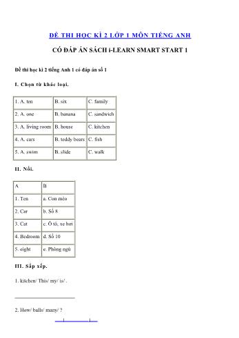 Bộ đề thi học kì 2 Tiếng Anh Lớp 1 Sách I learn smart start 1 (Có đáp án)