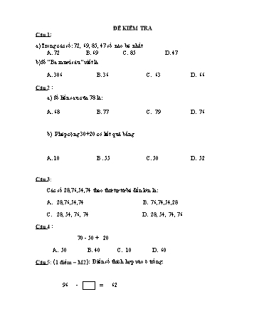 Đề kiểm tra kì 2 Toán Lớp 1