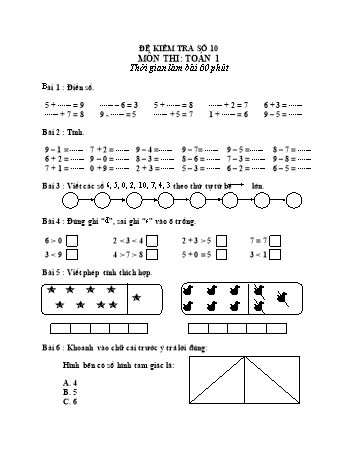 Đề kiểm tra Toán Lớp 1 - Đề số 10