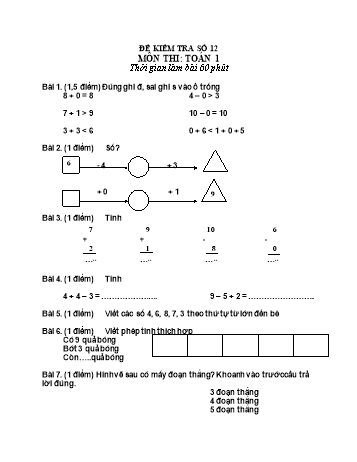 Đề kiểm tra Toán Lớp 1 - Đề số 12