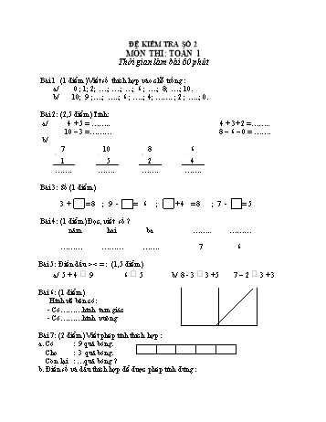 Đề kiểm tra Toán Lớp 1 - Đề số 2