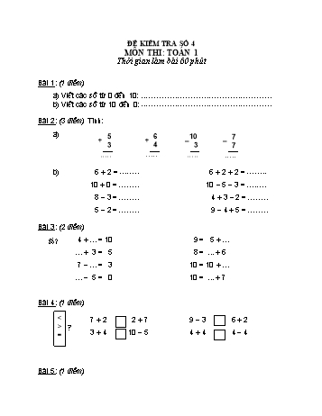 Đề kiểm tra Toán Lớp 1 - Đề số 4