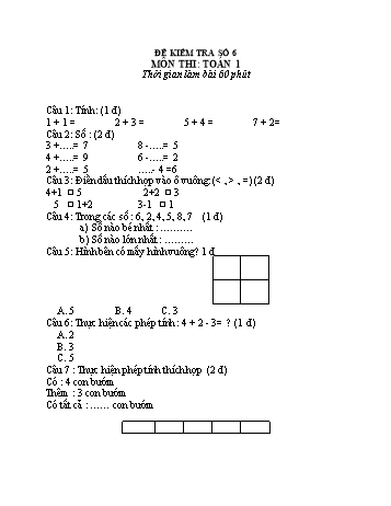Đề kiểm tra Toán Lớp 1 - Đề số 6