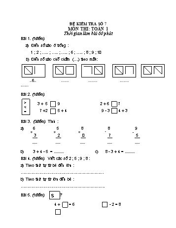 Đề kiểm tra Toán Lớp 1 - Đề số 7