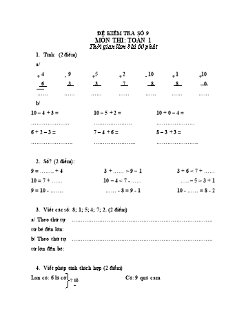 Đề kiểm tra Toán Lớp 1 - Đề số 9