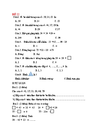 Đề ôn tập kiểm tra Toán 1 - Đề 22