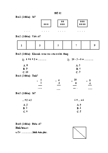 Đề thi học kì 1 Toán Lớp 1 - Đề 02 (Có đáp án)