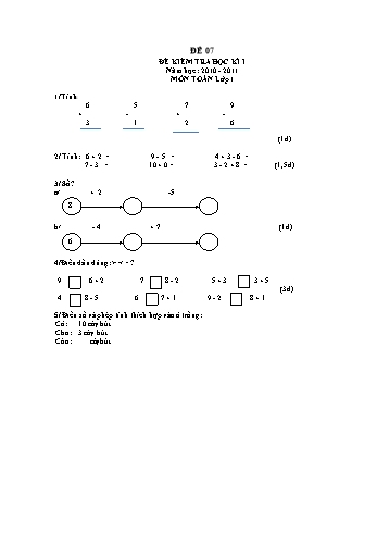 Đề thi học kì 1 Toán Lớp 1 - Đề 07 (Có đáp án)