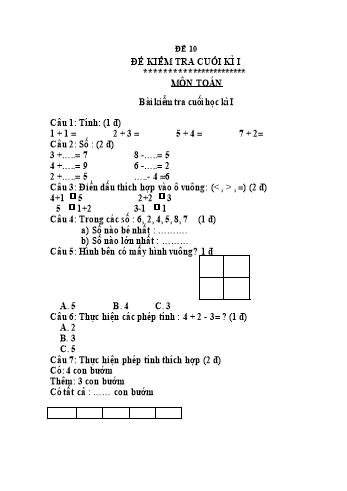 Đề thi học kì 1 Toán Lớp 1 - Đề 10 (Có đáp án)