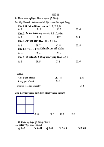Đề thi học kì 1 Toán Lớp 1 - Đề 12 (Có đáp án)