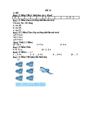 Đề thi học kì 1 Toán Lớp 1 - Đề 20 (Có đáp án)