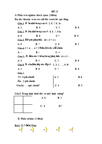 Đề thi học kì 1 Toán Lớp 1 - Đề 23 (Có đáp án)