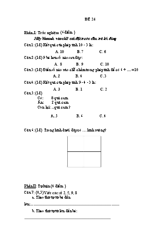 Đề thi học kì 1 Toán Lớp 1 - Đề 24 (Có đáp án)