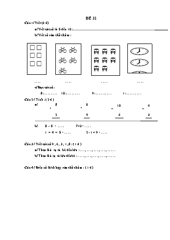 Đề thi học kì 1 Toán Lớp 1 - Đề 31 (Có đáp án)