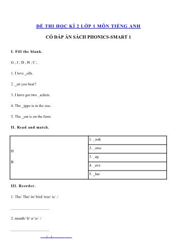 Đề thi học kì 2 Tiếng Anh Lớp 1 (Sách Phonics smart 1) - Đề 3 (Có đáp án)