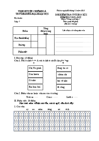 Bài kiểm tra cuối học kì I môn Tiếng Việt Lớp 1 - Năm học 2021-2022 - Trường Tiểu học Ngọc Hội (Có đáp án)