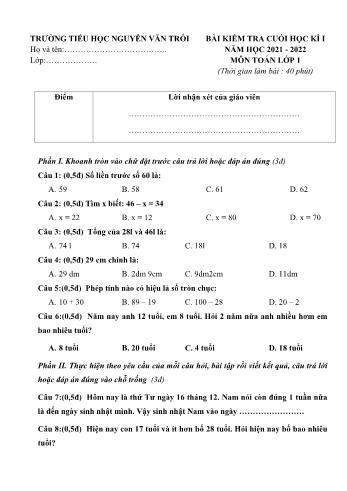 Bài kiểm tra cuối học kì I môn Toán Lớp 1 - Năm học 2021-2022 - Trường Tiểu học Nguyễn Văn Trỗi (Có đáp án)