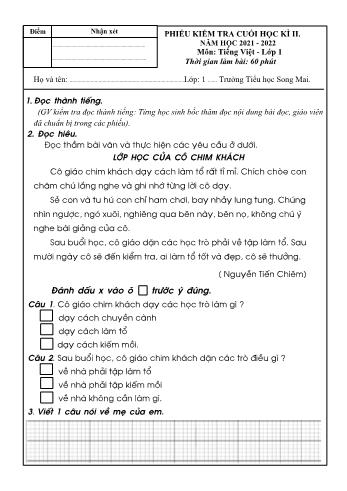 Bài kiểm tra cuối học kì II môn Tiếng Việt Lớp 1 - Năm học 2021-2022 - Trường Tiểu học Song Mai (Có đáp án)