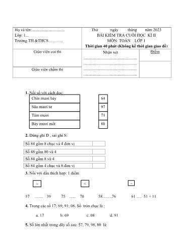 Bài kiểm tra cuối học kì II môn Toán Lớp 1 - Năm học 2022-2023 (Có đáp án)