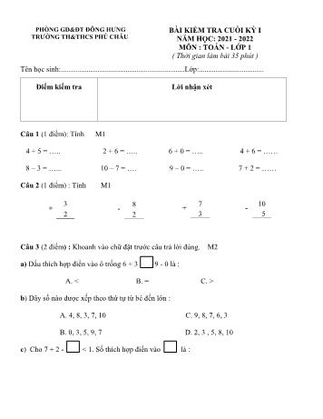 Bài kiểm tra cuối kỳ I môn Toán Lớp 1 - Năm học 2021-2022 - Trường TH&THCS Phú Châu (Có đáp án)