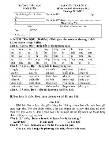 Bài kiểm tra định kì cuối học kì 1 môn Tiếng Việt Lớp 1 - Năm học 2021-2022 - Trường Tiểu học Định Liên (Có đáp án)