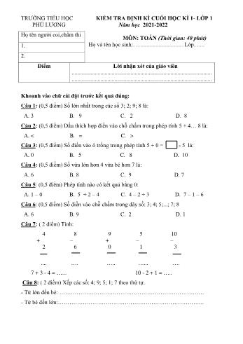 Bài kiểm tra định kì cuối học kì 1 môn Toán Lớp 1 - Năm học 2021-2022 - Trường Tiểu học Phú Lương (Có đáp án)