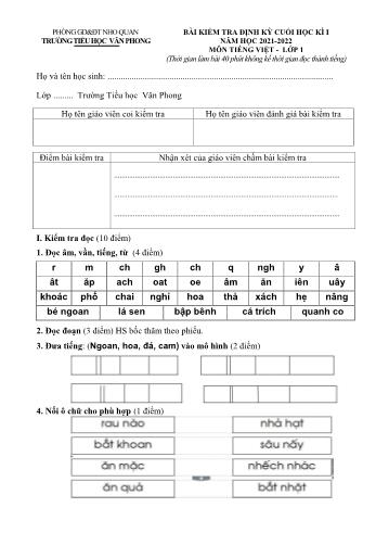 Bài kiểm tra định kì cuối học kì I môn Tiếng Việt Lớp 1 - Năm học 2021-2022 - Trường Tiểu học Văn Phong (Có đáp án)