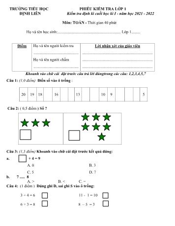 Bài kiểm tra định kì cuối học kì I môn Tiếng Việt Lớp 1 - Năm học 2021-2022 - Trường Tiểu học Định Liên (Có đáp án)