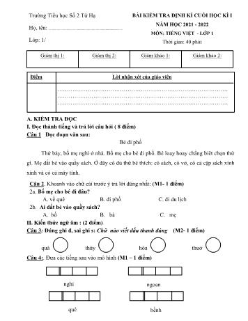 Bài kiểm tra định kì cuối học kì I môn Tiếng Việt Lớp 1 - Năm học 2021-2022 - Trường Tiểu học Số 2 Tứ Hạ (Có đáp án)