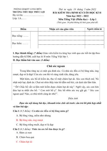 Bài kiểm tra định kì cuối học kì II môn Tiếng Việt Lớp 1 - Năm học 2021-2022 - Trường Tiểu học Phúc Lợi