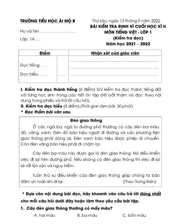 Bài kiểm tra định kì cuối học kì II môn Tiếng Việt Lớp 1 - Năm học 2021-2022 - Trường Tiểu học Ái Mộ B (Có đáp án)